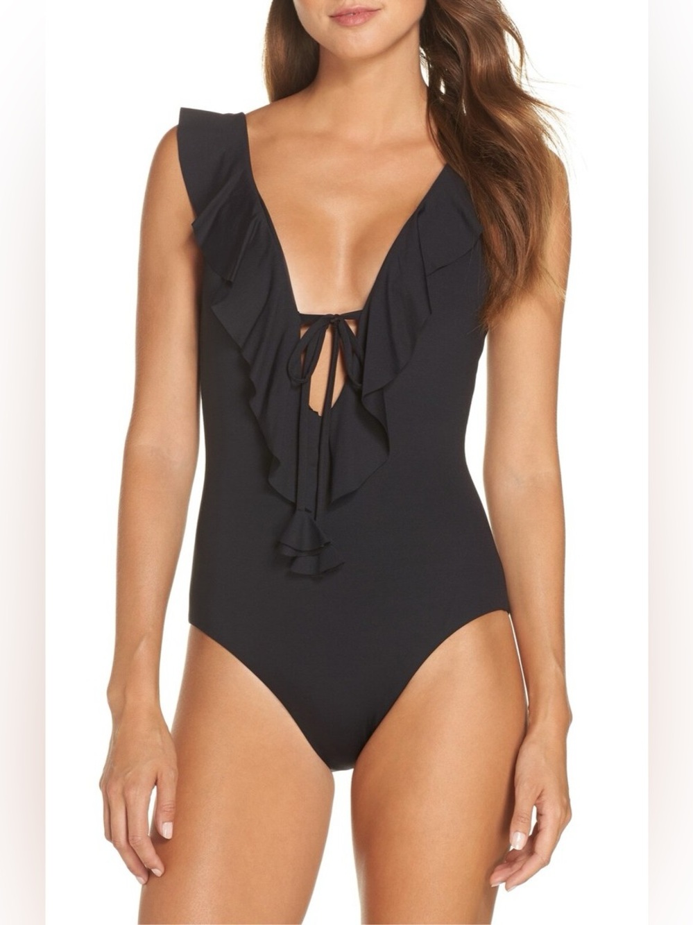 BECCA Black Ruffle Tie-Front One-Piece Swimsuit